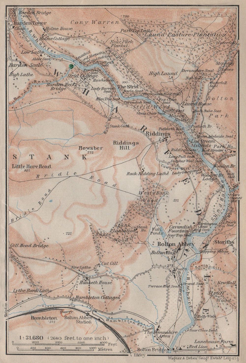 WHARFEDALE topo-map. Bolton Abbey. Yorkshire Dales. BAEDEKER 1906 old