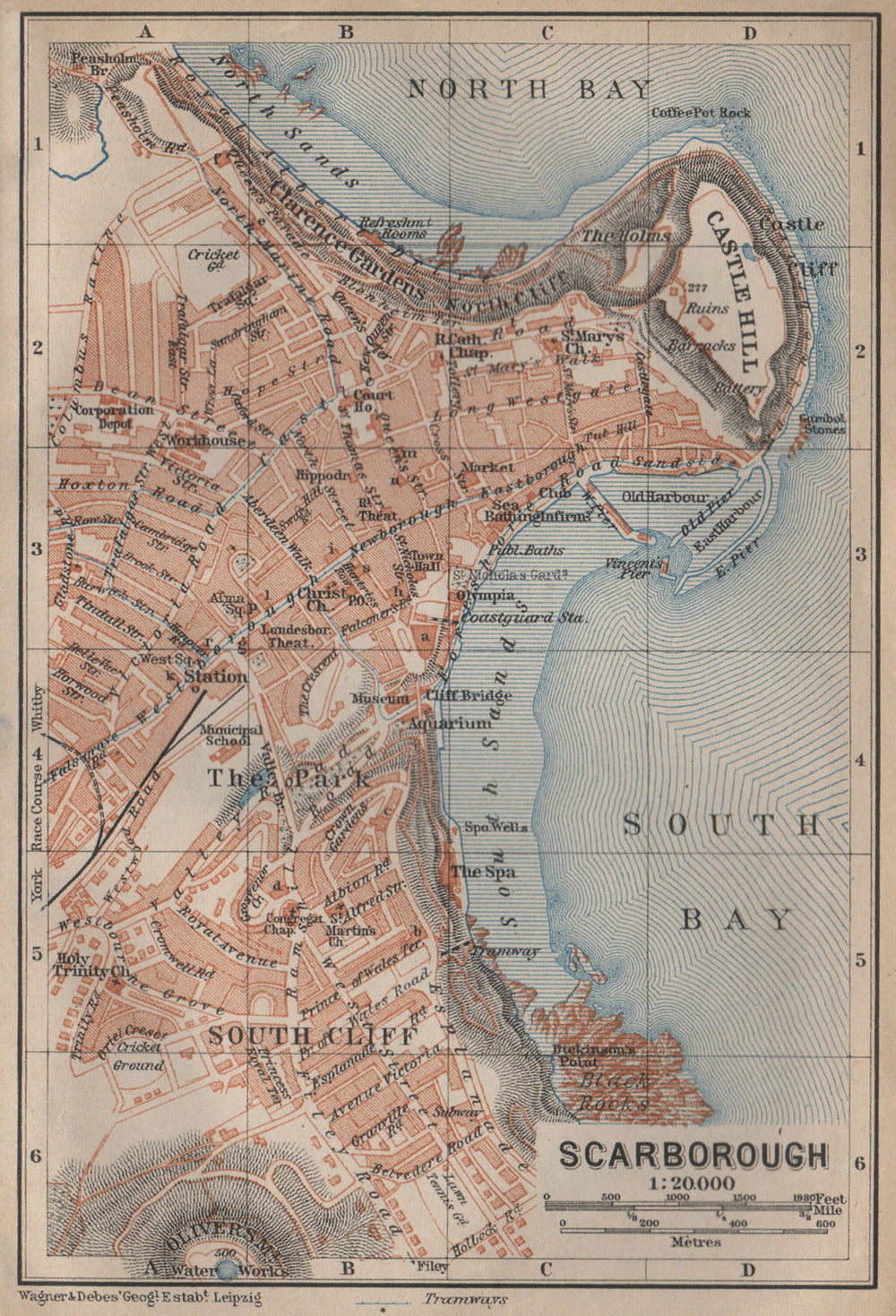 SCARBOROUGH antique town city plan. South Cliff. Yorkshire. BAEDEKER 1906 map