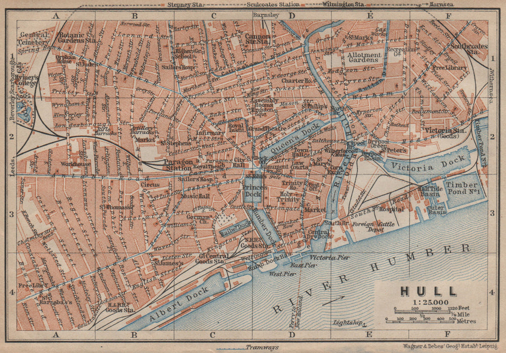 KINGSTON-UPON-HULL antique town city centre plan. Yorkshire. BAEDEKER 1906 map