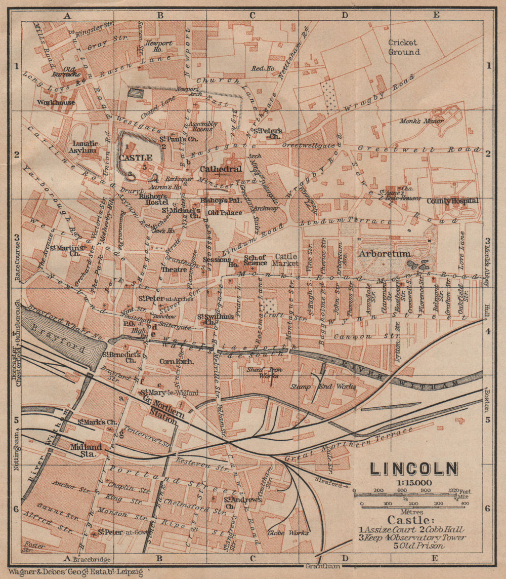 LINCOLN antique town city plan. Lincolnshire. BAEDEKER 1906 old map