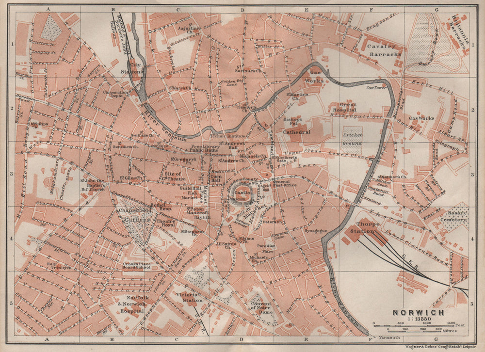 NORWICH antique town city centre plan. Norfolk. BAEDEKER 1906 old map