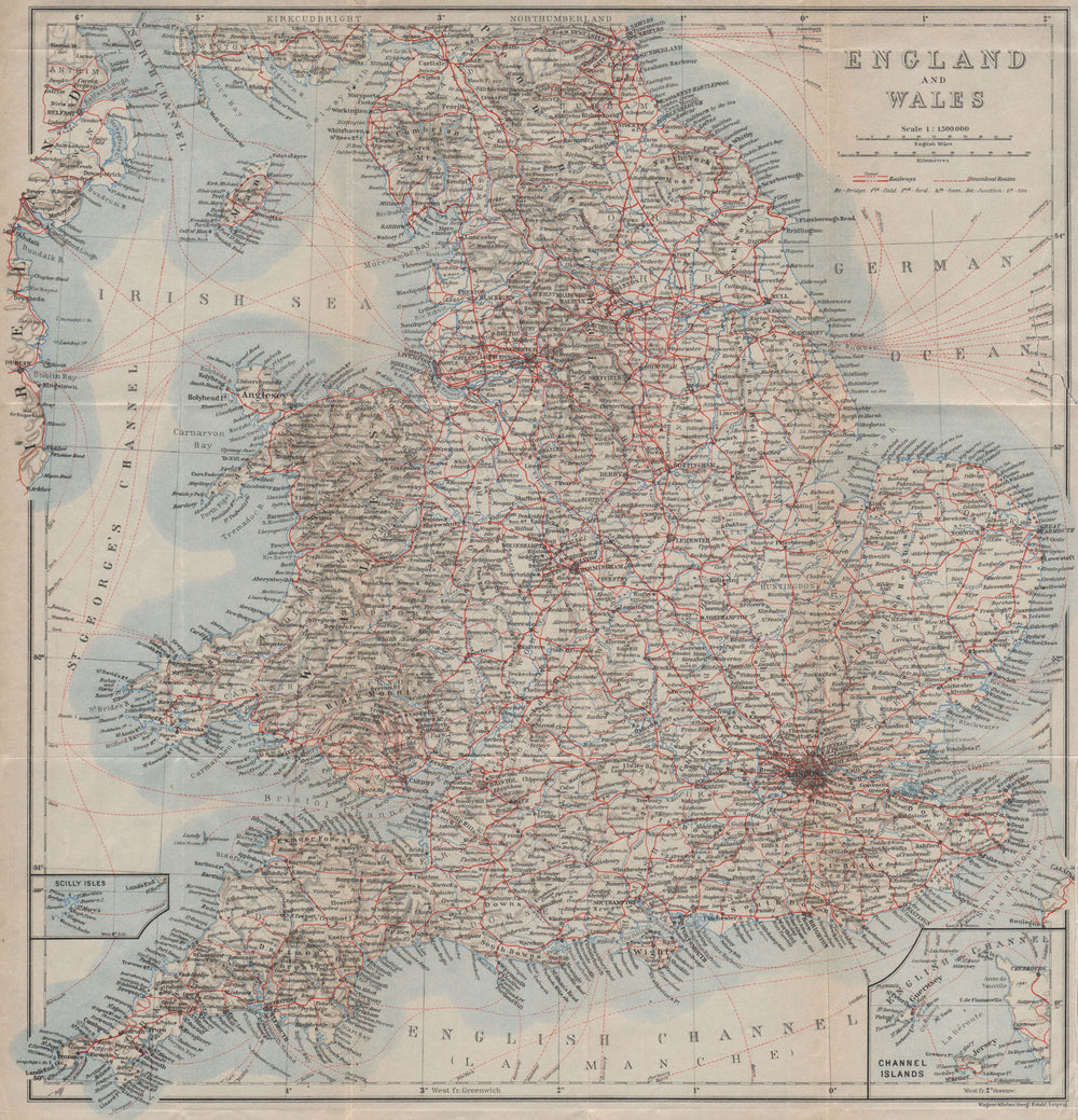 ENGLAND & WALES Railways & Steamboat steamship routes. Great Britain 1927 map
