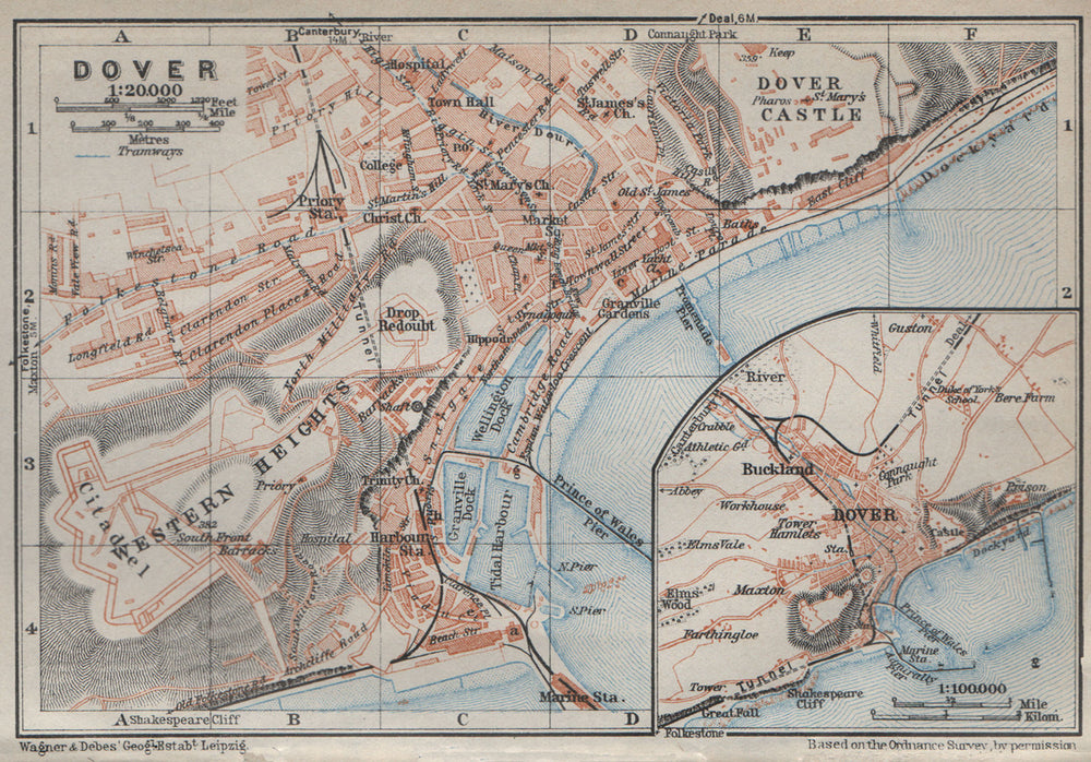 Dover Guide Map DOVER antique town city plan & environs. Kent. BAEDEKER 1927 old map ...