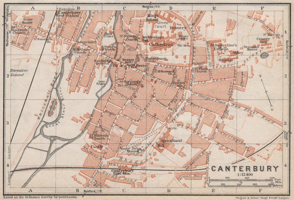 CANTERBURY antique town city plan. Kent. BAEDEKER 1927 old map chart