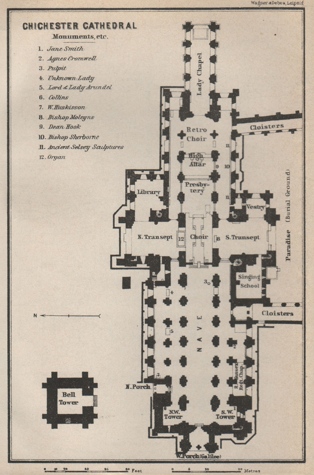 CHICHESTER CATHEDRAL floor plan. Sussex. BAEDEKER 1927 old vintage map chart