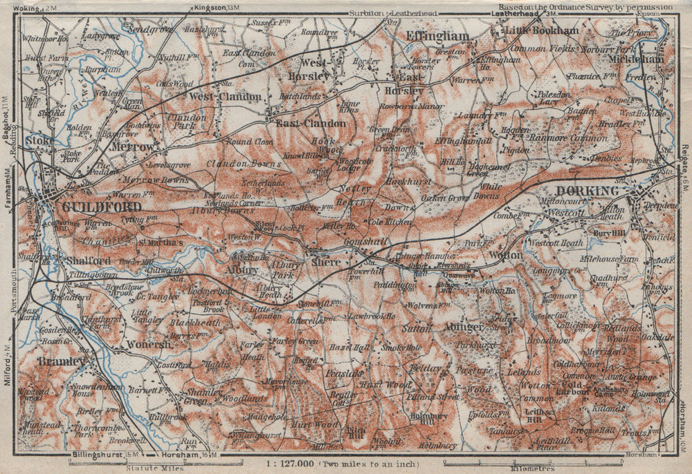 DORKING & GUILDFORD environs. North Downs. Surrey. BAEDEKER 1927 old map