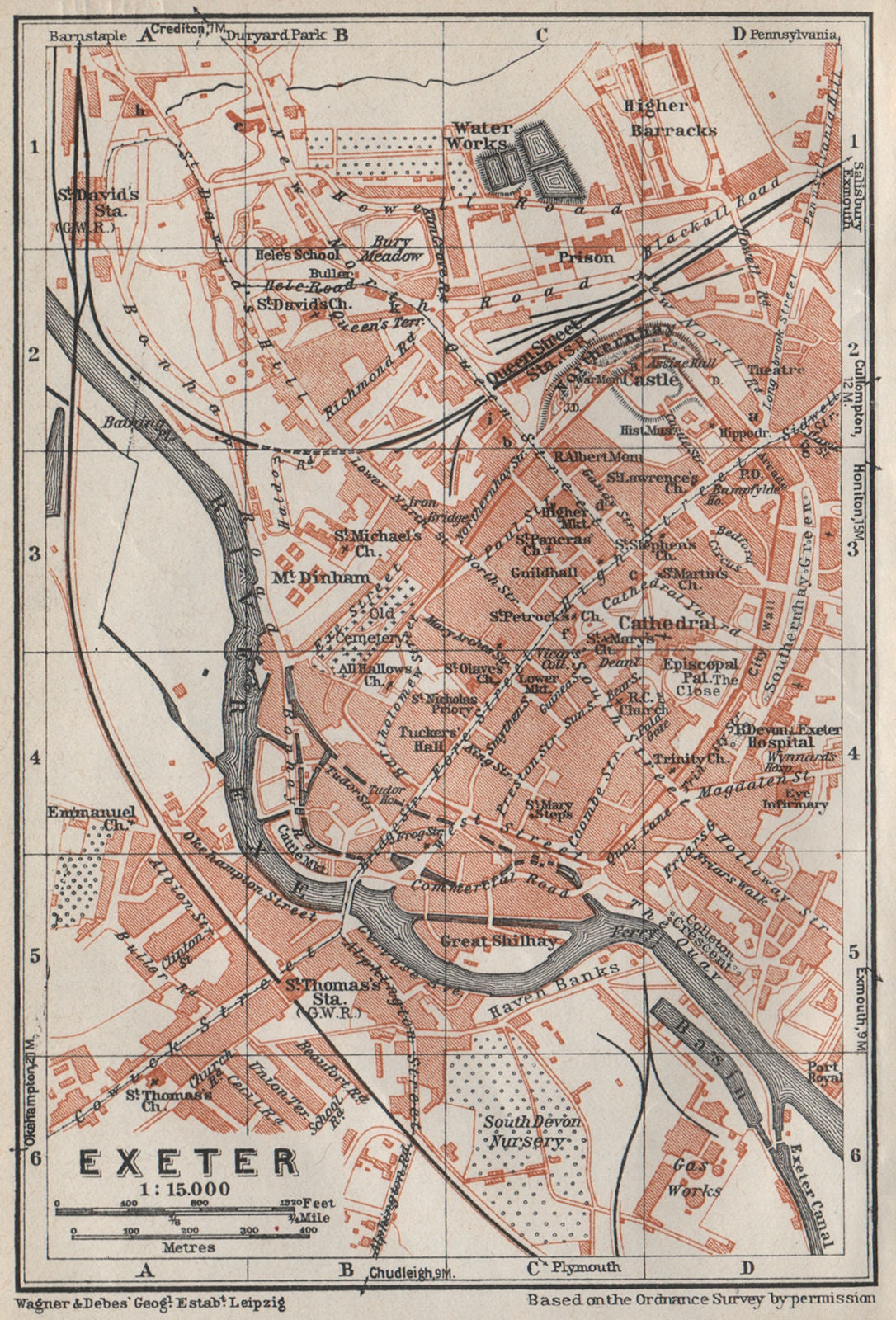 EXETER antique town city plan. Devon. BAEDEKER 1927 old map chart ...