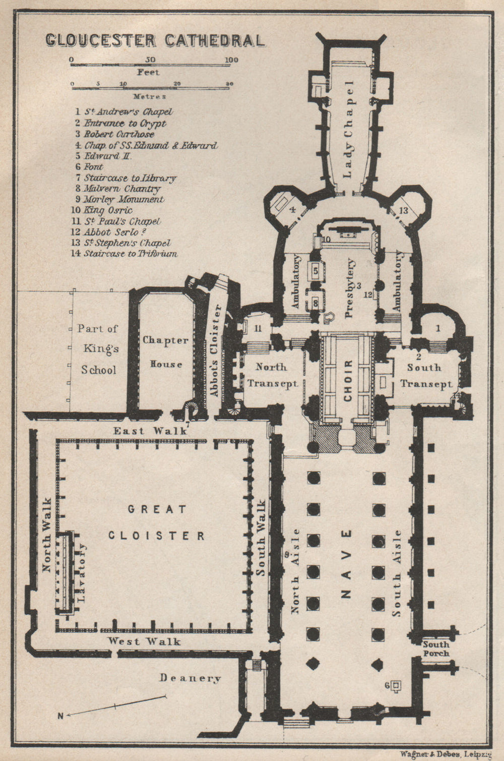 GLOUCESTER CATHEDRAL floor plan. Gloucestershire. BAEDEKER 1927 old map