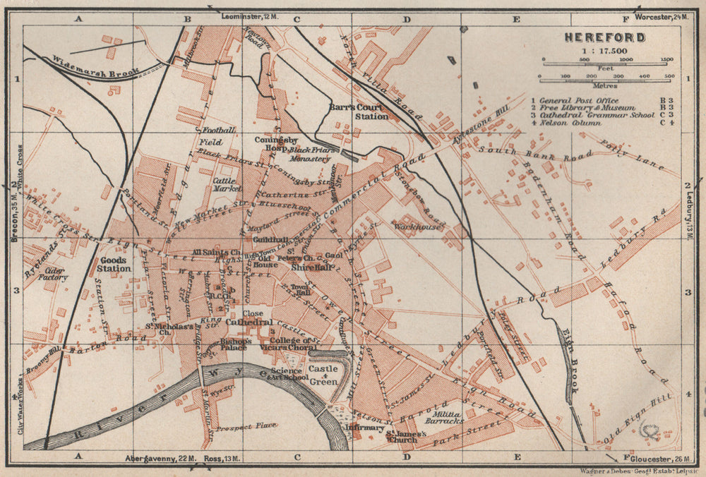 HEREFORD antique town city plan. Broomy Hill. Herefordshire. BAEDEKER 1927 map