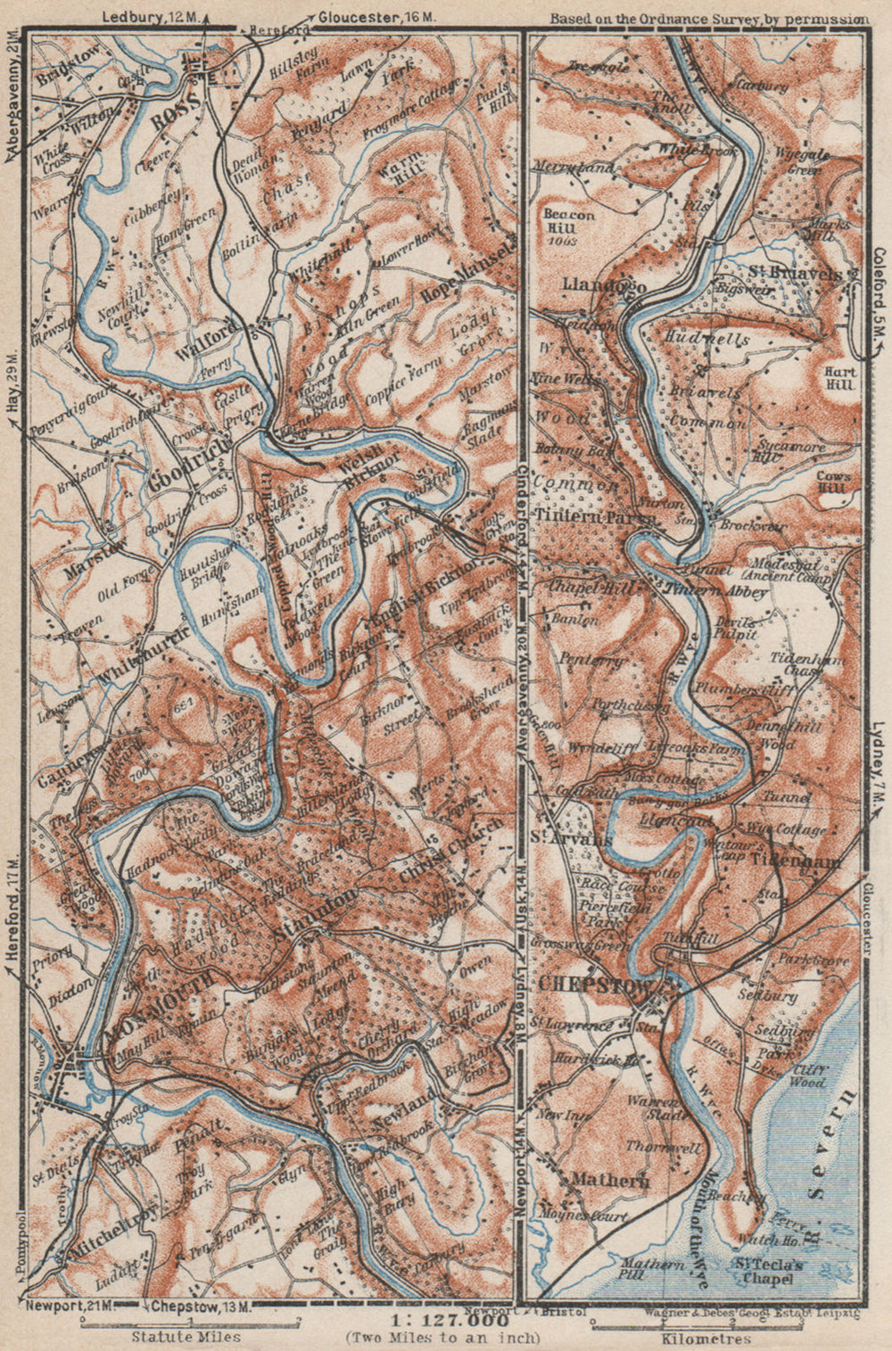 WYE VALLEY topo-map. Chepstow Ross-on-Wye Monmouth. Monmouthshire 1927 old