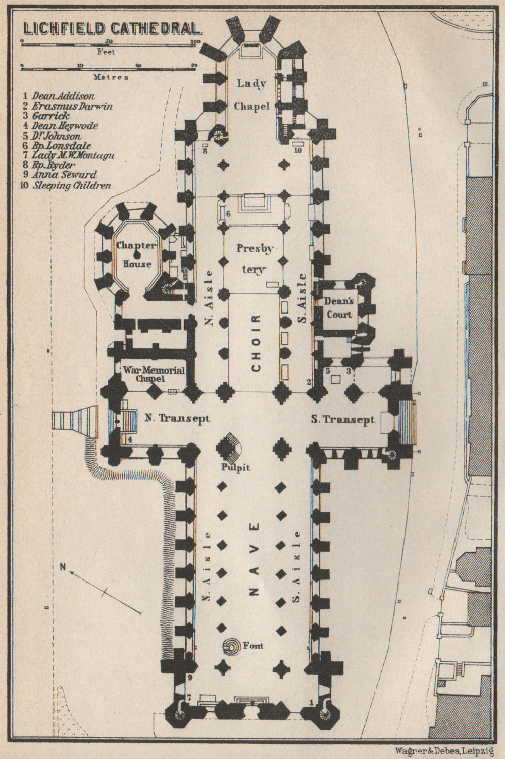 LICHFIELD CATHEDRAL floor plan. Staffordshire. BAEDEKER 1927 old vintage map