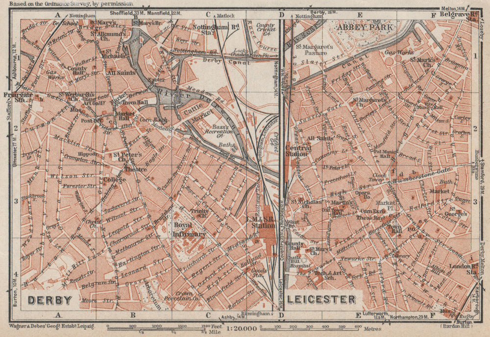 DERBY & LEICESTER antique town city plans. Midlands. BAEDEKER 1927 old map