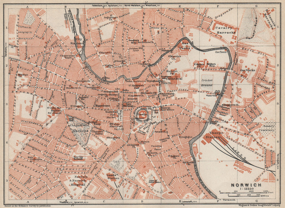 NORWICH antique town city centre plan. Norfolk. BAEDEKER 1927 old map