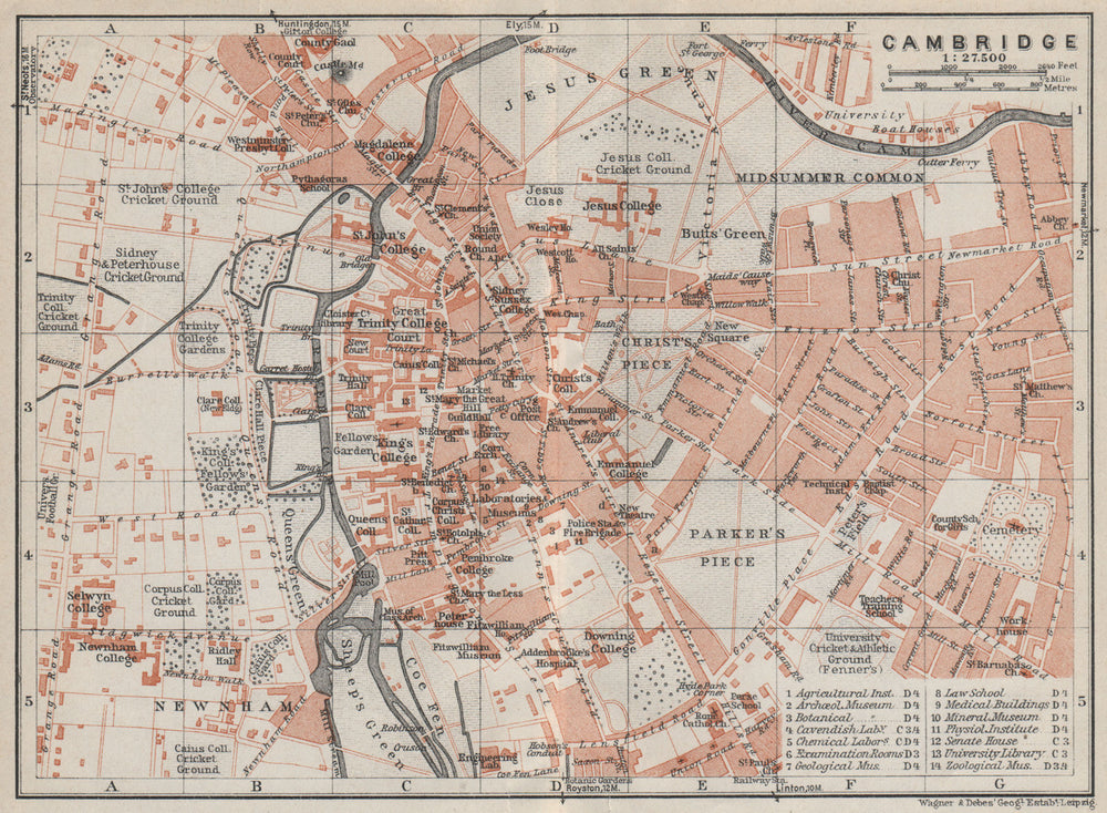 CAMBRIDGE antique town city plan. Colleges. Cambridgeshire. BAEDEKER 1927 map