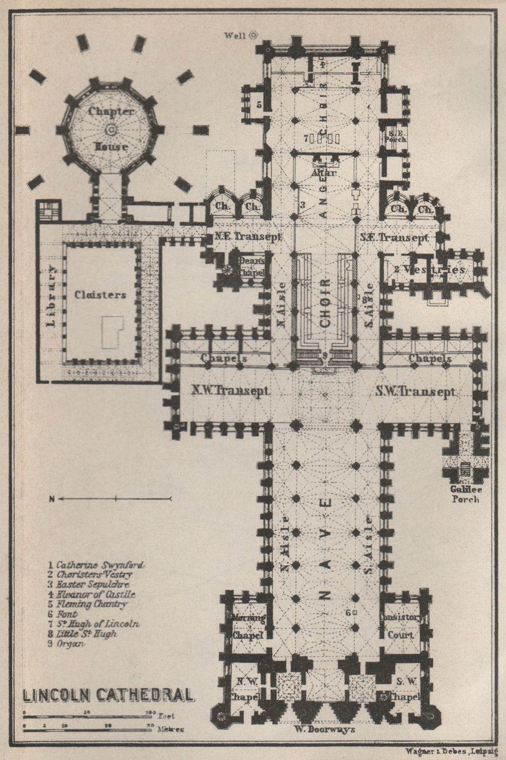LINCOLN CATHEDRAL floor plan. Lincolnshire. BAEDEKER 1927 old vintage map