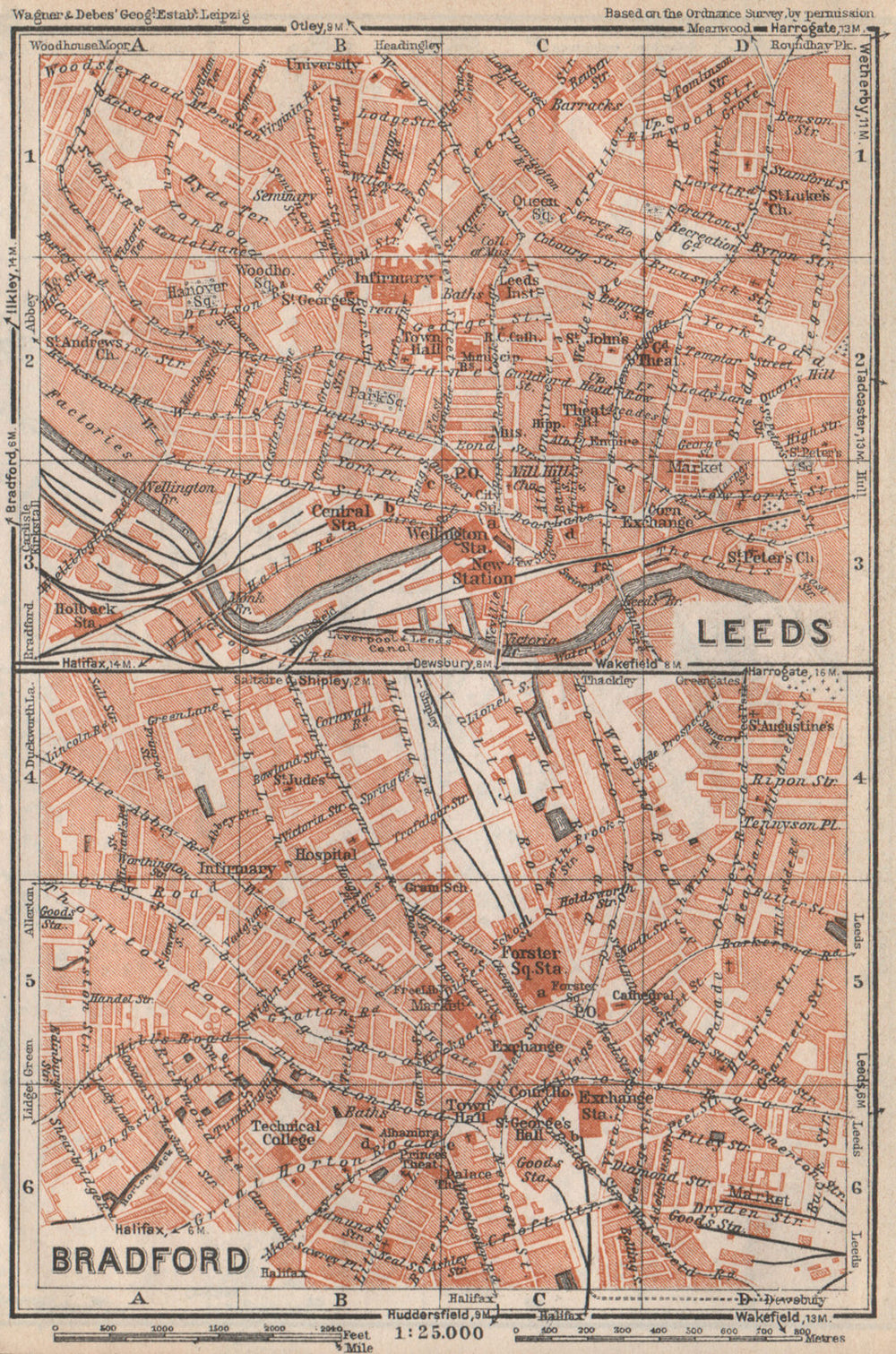 LEEDS & BRADFORD antique town city centre plans. Yorkshire. BAEDEKER 1927 map