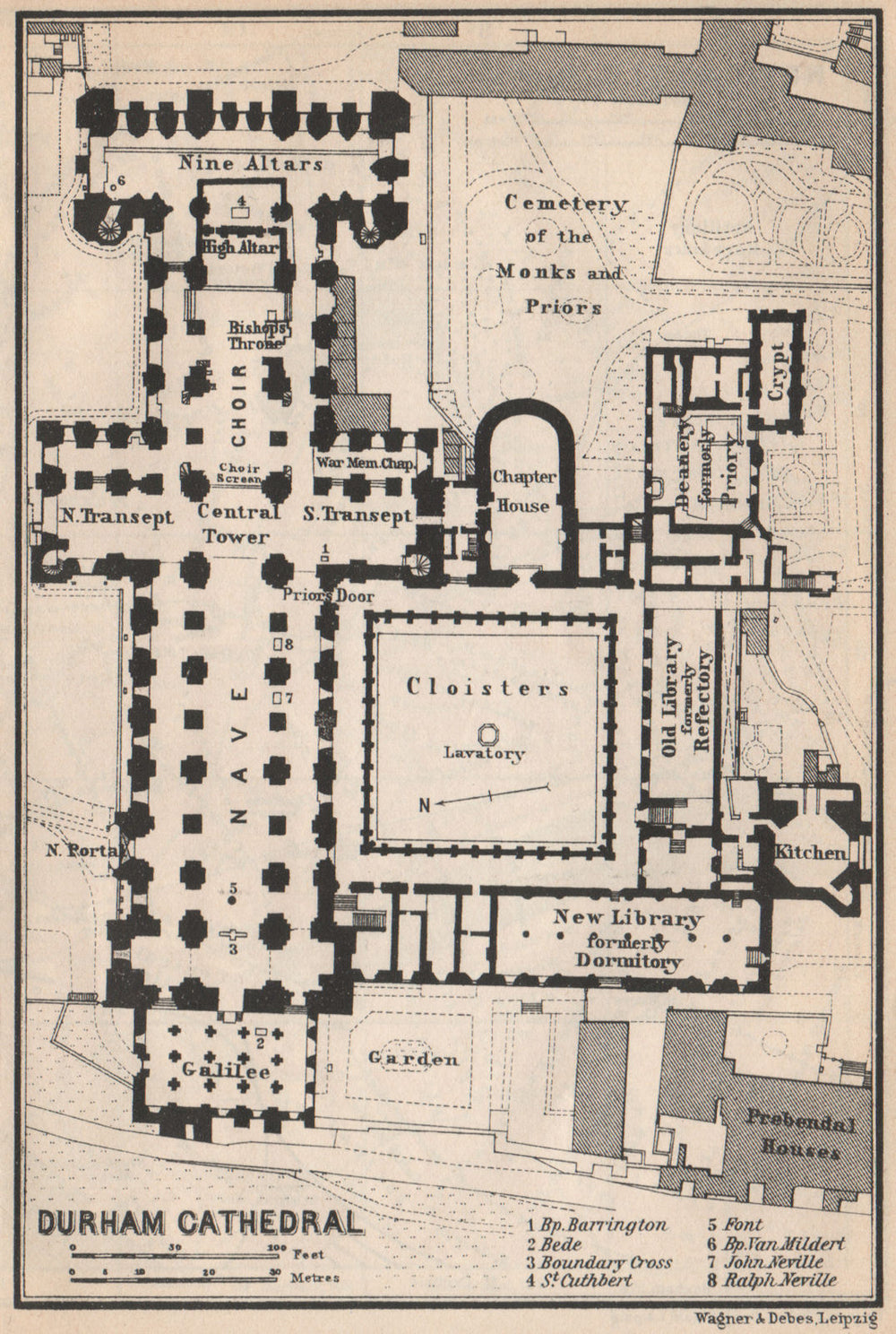 DURHAM CATHEDRAL floor plan. Durham. BAEDEKER 1927 old vintage map chart