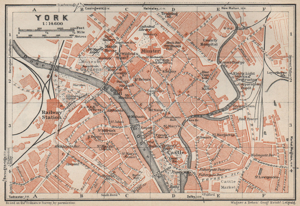 YORK antique town city centre plan. Yorkshire. BAEDEKER 1927 old map