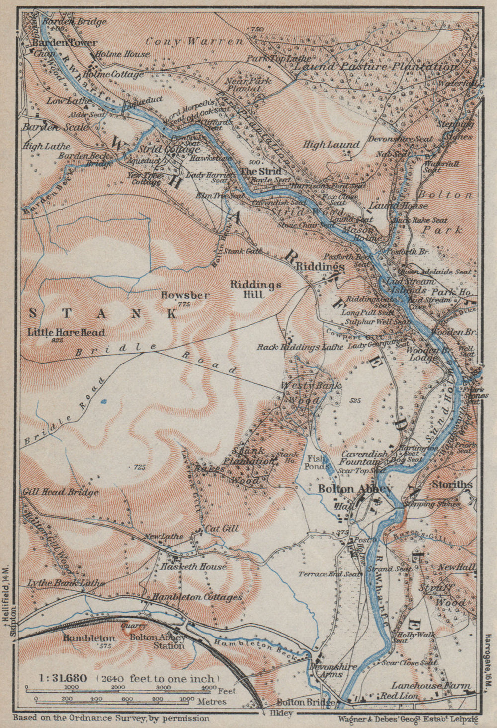 WHARFEDALE topo-map. Bolton Abbey. Yorkshire Dales. BAEDEKER 1927 old