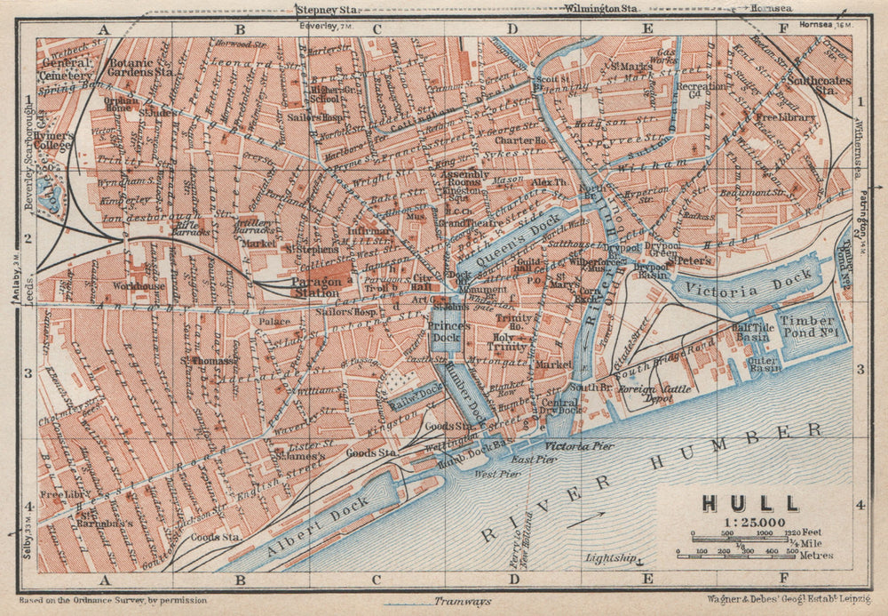 KINGSTON-UPON-HULL antique town city centre plan. Yorkshire. BAEDEKER 1927 map