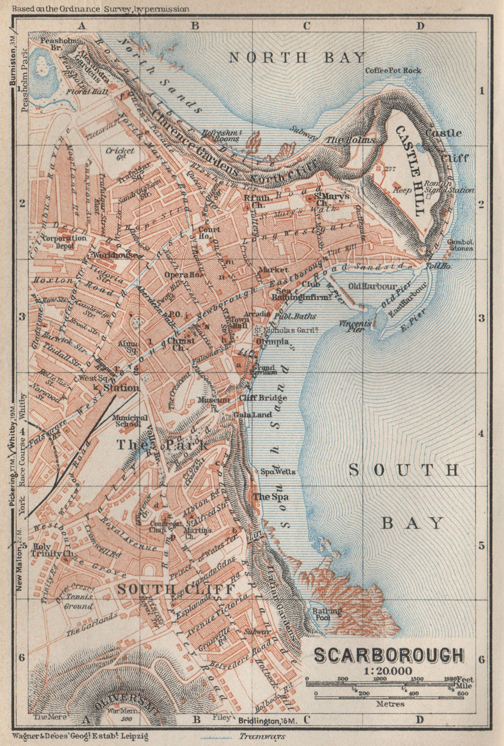 SCARBOROUGH antique town city plan. South Cliff. Yorkshire. BAEDEKER 1927 map