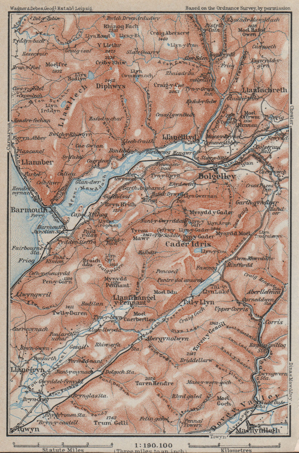 DOLGELLAU area topo-map. CADER IDRIS Barmouth Mawddach river Snowdonia 1927