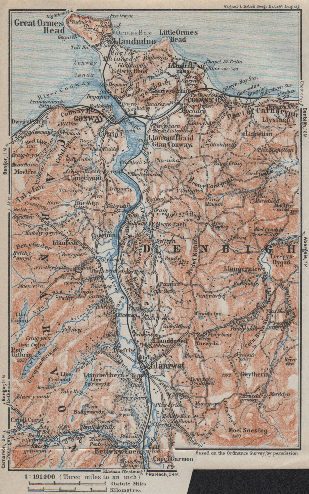 CONWAY / CONWY VALLEY topo-map. Llandudno Llanwrst Betws-y-Coed. Wales 1927