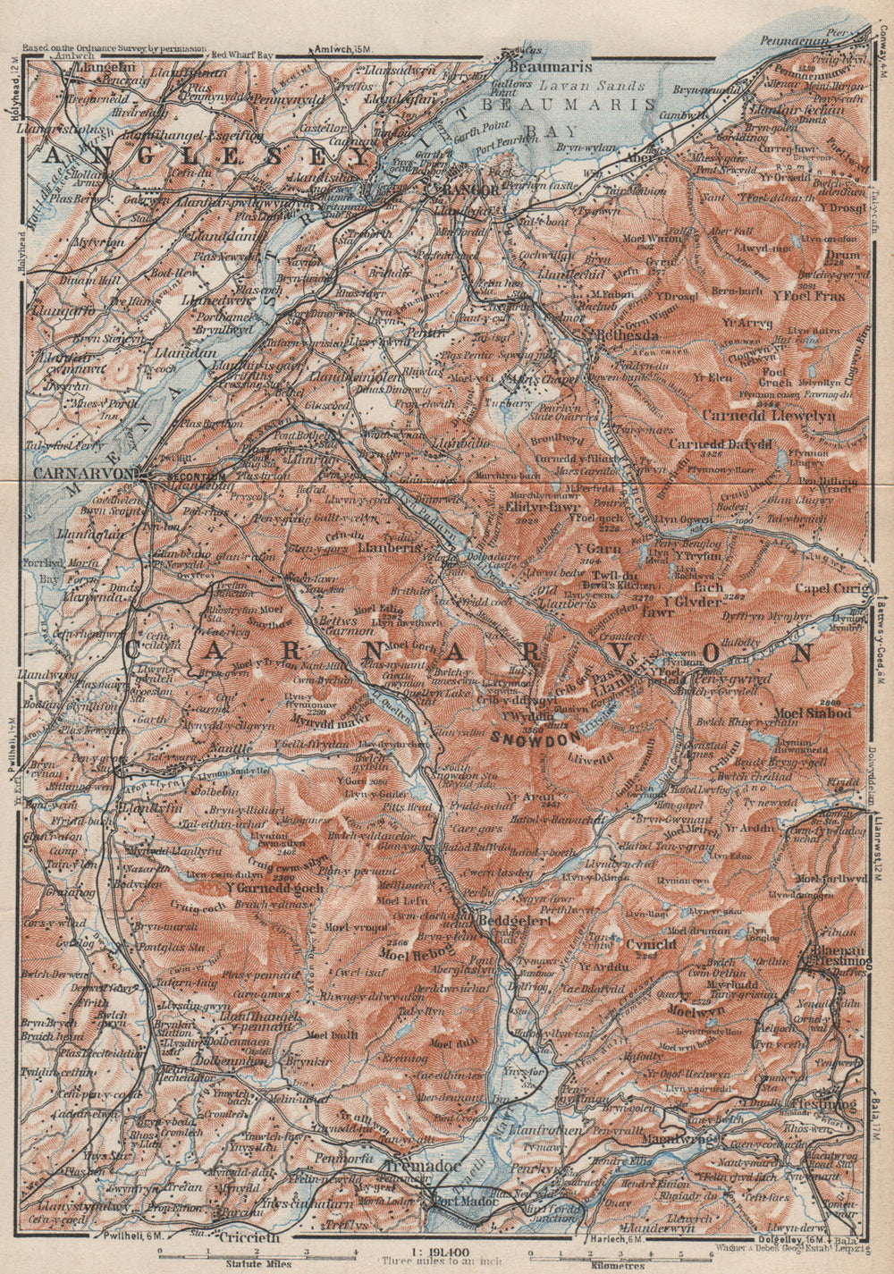 SNOWDONIA topo-map. Caernarfon Bangor Menai Straits. Tremadoc. Wales 1927