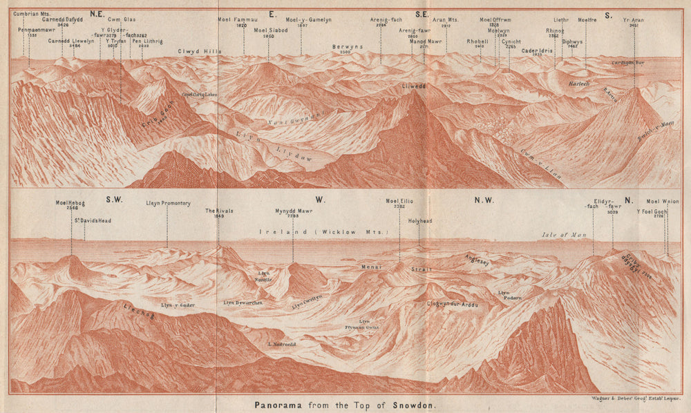 SNOWDON PANORAMA. Snowdonia Harlech Holyhead Isle of Man Ireland Wales 1927 map