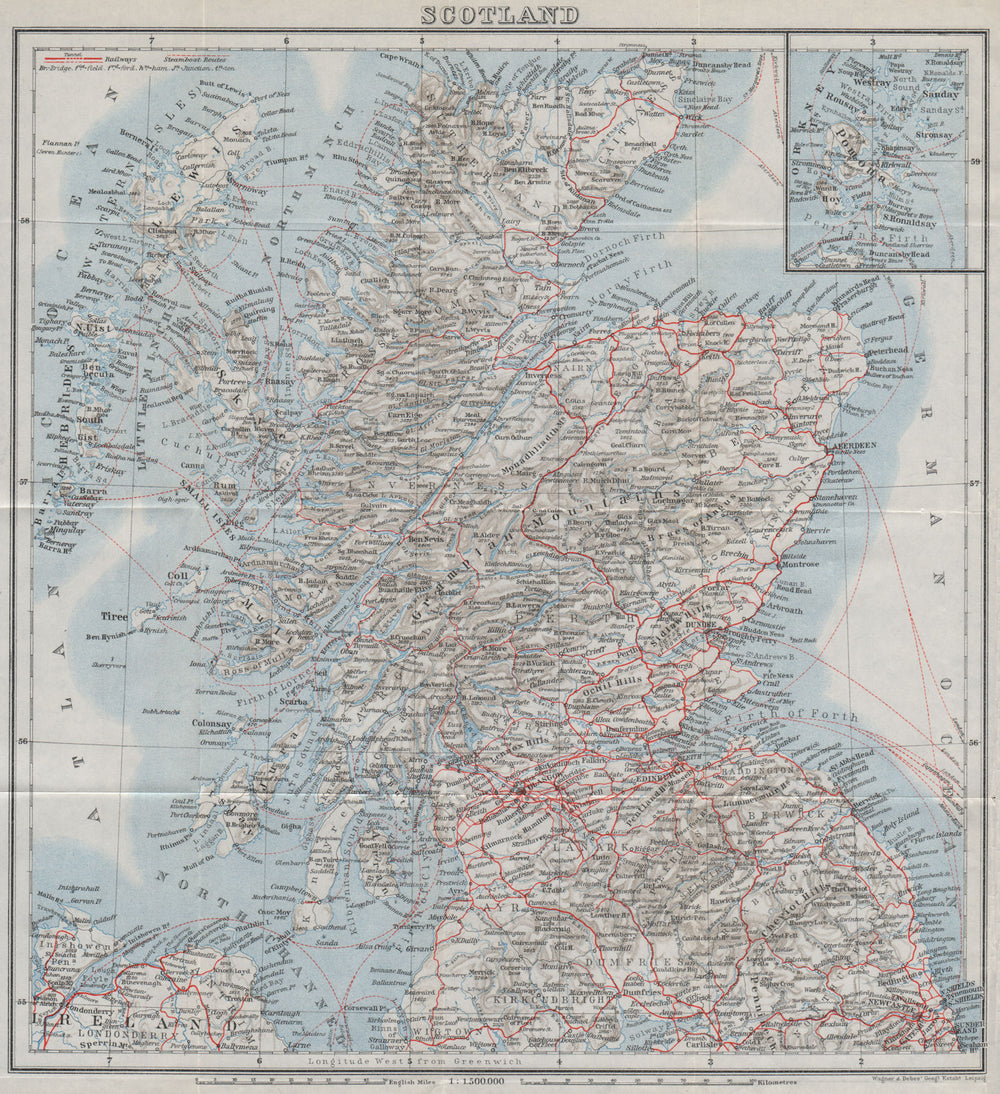 RAILWAY MAP OF SCOTLAND. Steamboat steamship routes. BAEDEKER 1927 old