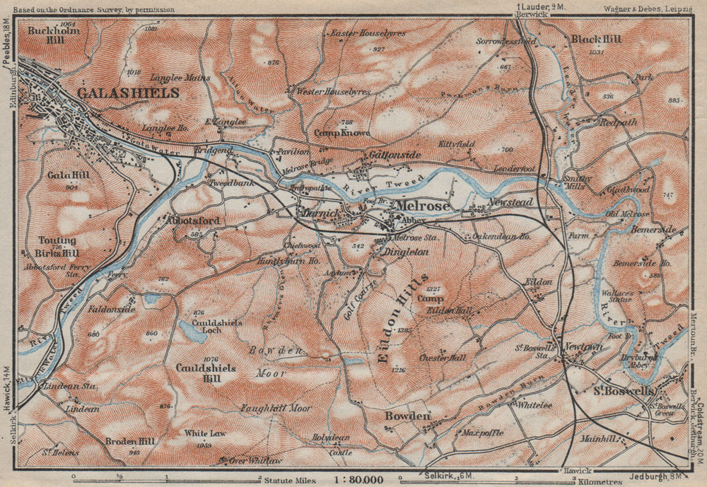 TWEED RIVER VALLEY Melrose Abbotsford Galashiels Eildon Hills Scotland 1927 map