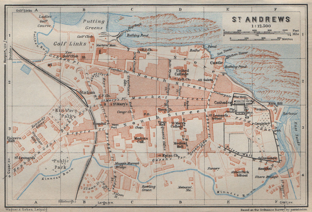 ST. ANDREWS antique town city plan. Fife. Scotland. BAEDEKER 1927 old map