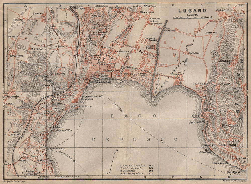LUGANO antique town city stadtplan. Switzerland carte karte. BAEDEKER 1903 map