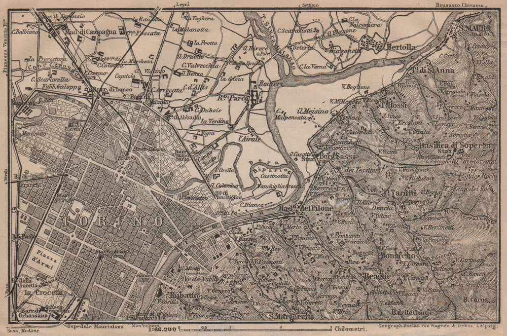 TURIN TORINO eastern environs. Italy mappa. BAEDEKER 1903 old antique