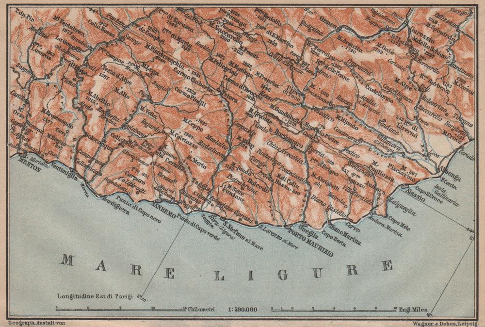 RIVIERA DI PONENTE. Menton-Ventimiglia-Sanremo-Imperia-Albenga. Italy 1903 map