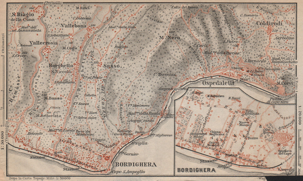 BORDIGHERA antique town city plan & environs. Ospedaletti. Italy mappa 1903