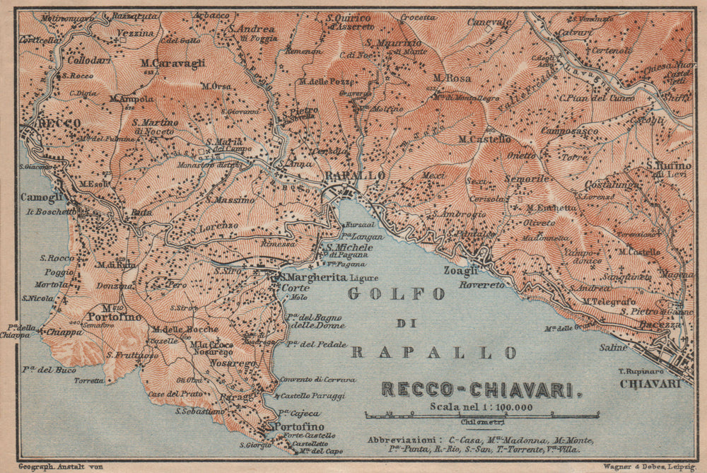 GOLFO DI RAPALLO Portofino Camogli Chiavari S. Margherita Ligure Italy 1903 map