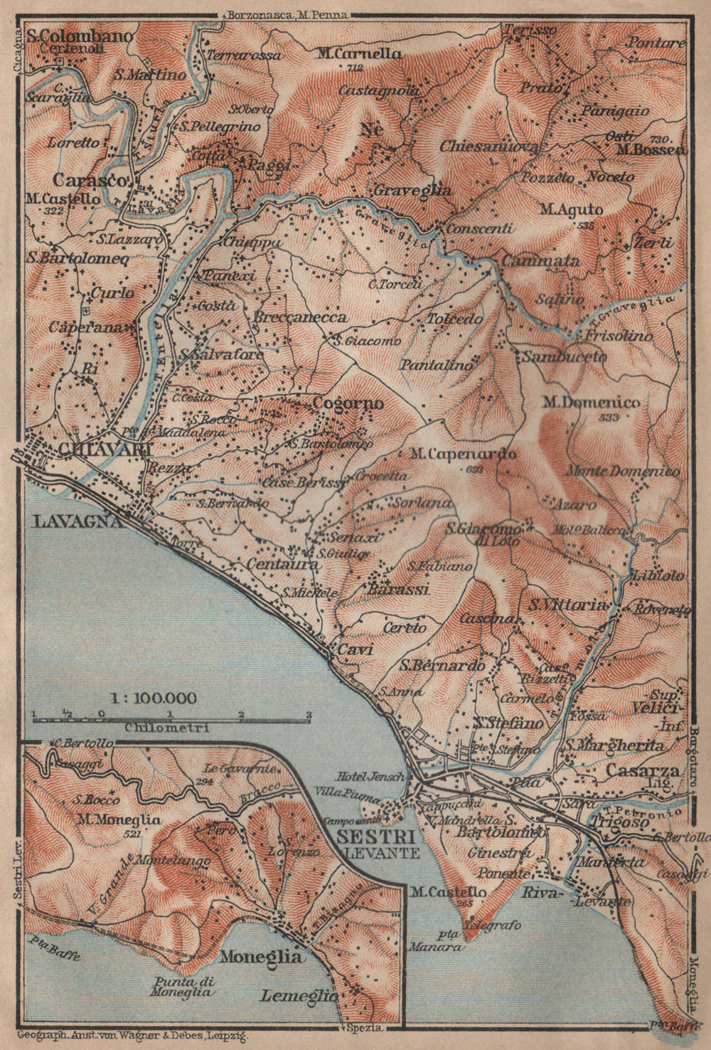 LAVAGNA, CHIAVARI & SESTRI-LEVANTE environs. Moneglia Liguria. BAEDEKER 1903 map