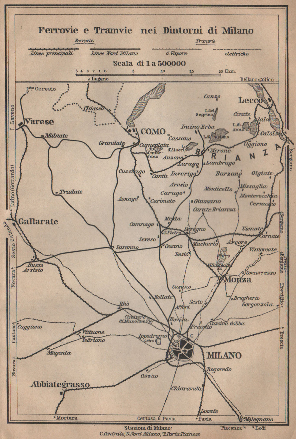 FERROVIE E TRAMWAYS NEI DINTORNI DI MILANO. Railways Como Lecco Monza 1903 map