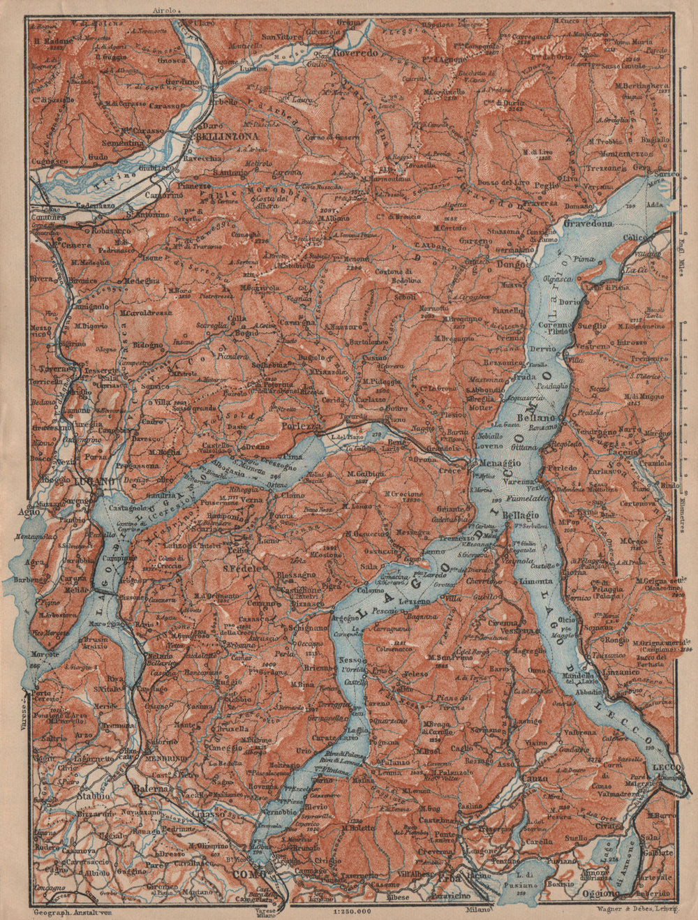 LAKES OF/Lago di COMO, LUGANO & LECCO. Bellinzona mappa. BAEDEKER 1903 old