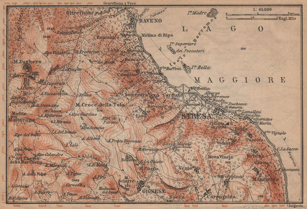 STRESA ENVIRONS. Baveno Gignese. Italy mappa. BAEDEKER 1903 old antique