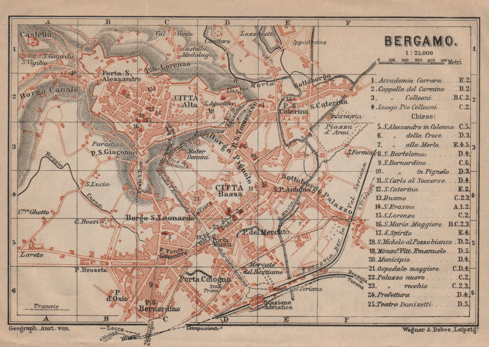 BERGAMO antique town city plan. Italy. Citta Bassa. Citta Alta mappa 1903