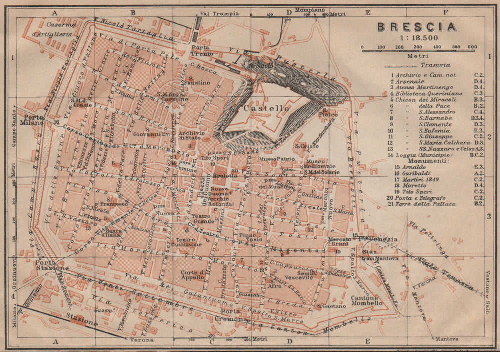 BRESCIA antique town city plan piano urbanistico. Italy mappa 1903 old