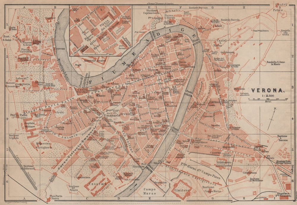 VERONA antique town city plan piano urbanistico. Italy mappa. BAEDEKER 1903