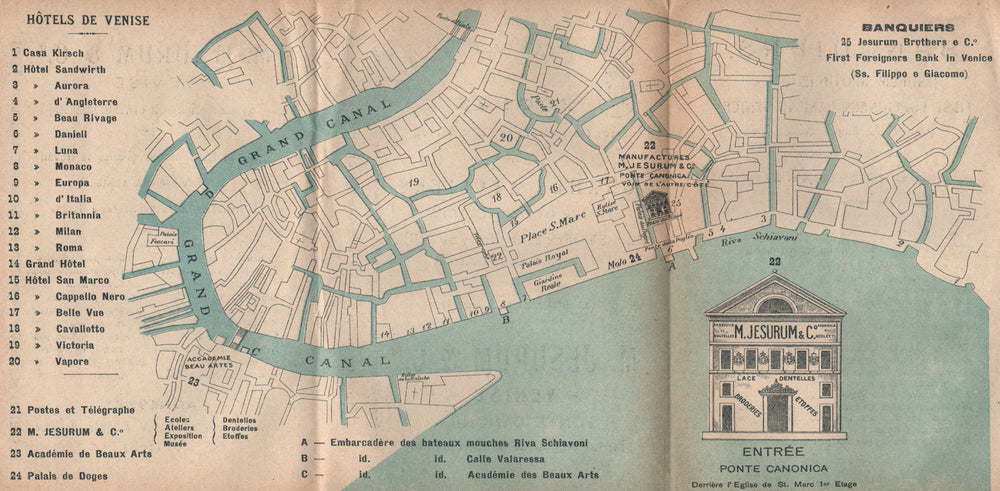 VENICE HOTELS. 'Hôtels de Venise'. Venezia. Danieli Europa Monaco &c 1903 map