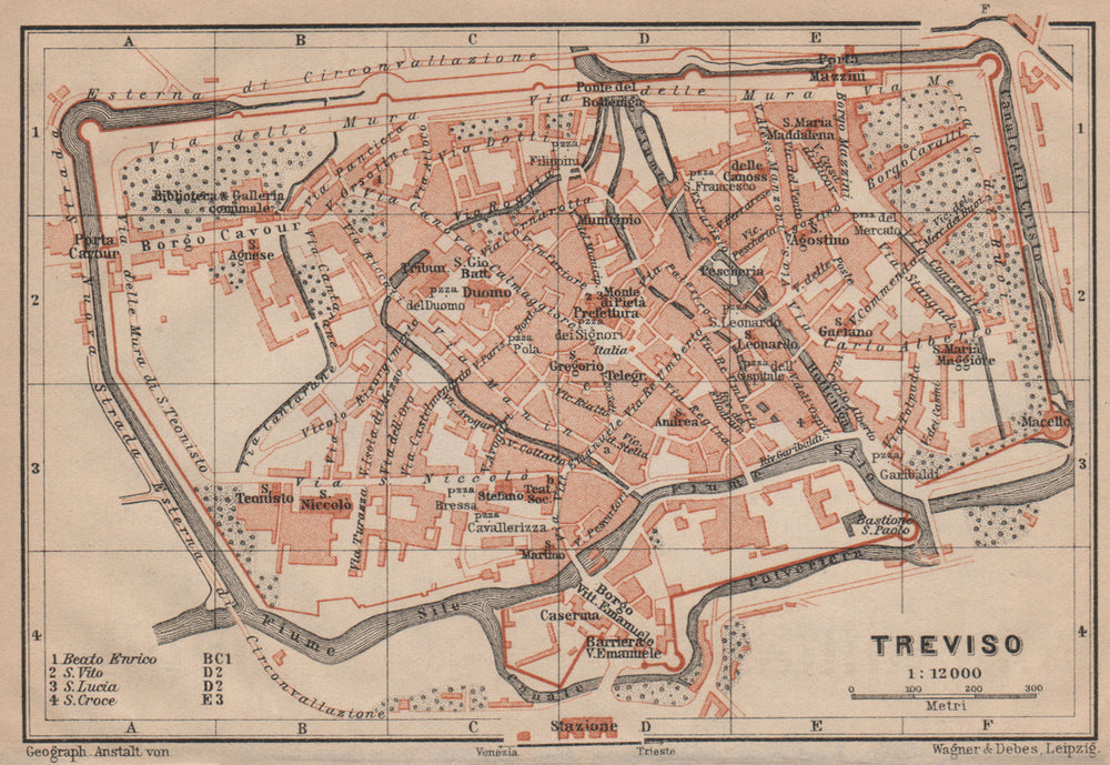 TREVISO antique town city plan piano urbanistico. Italy mappa 1903 old