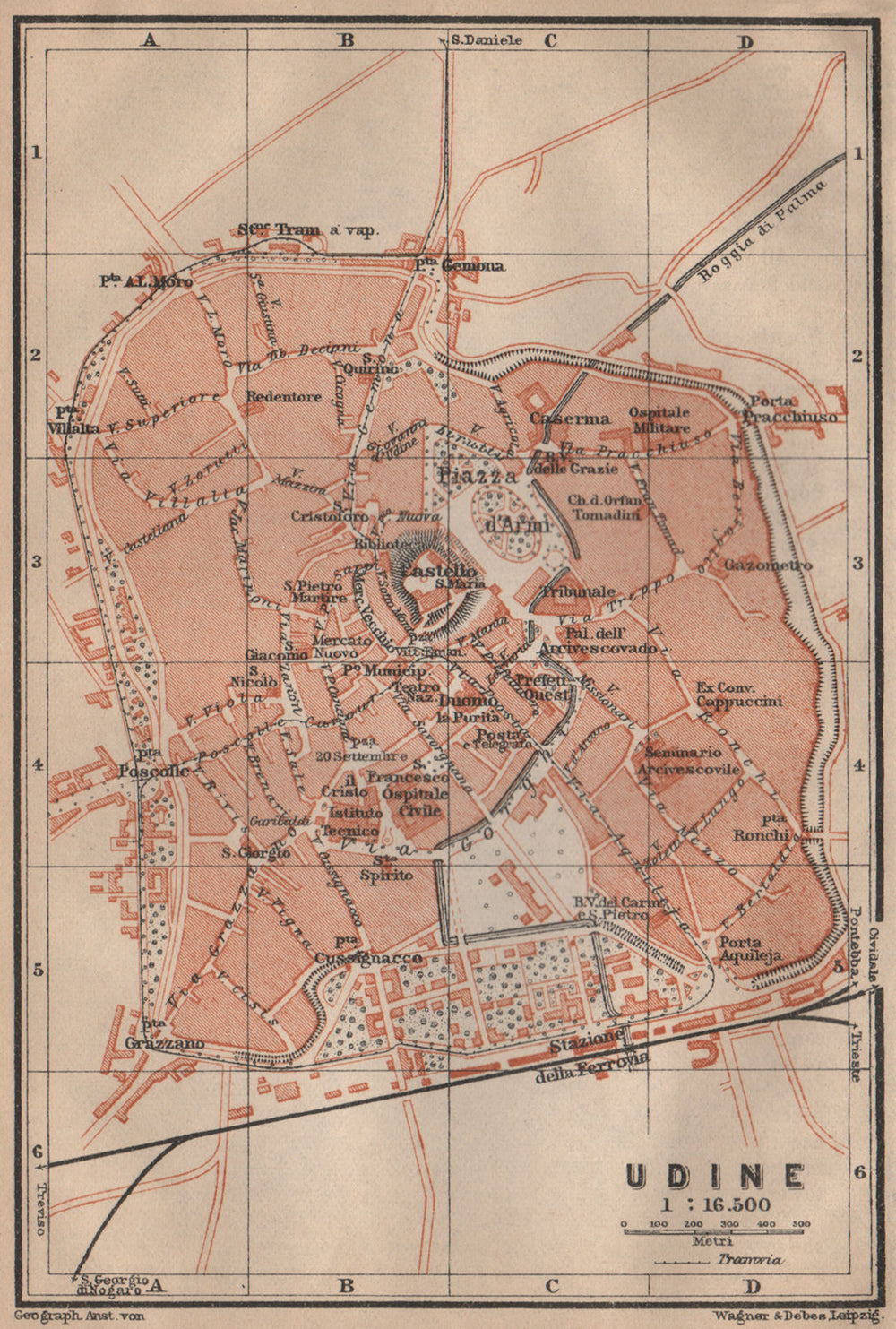 UDINE antique town city plan piano urbanistico. Italy mappa. BAEDEKER 1903