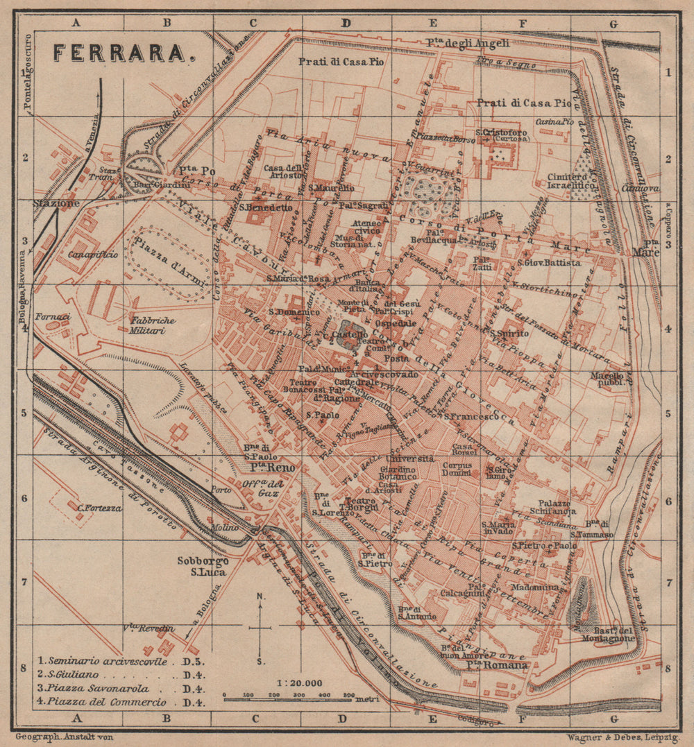 FERRARA antique town city plan piano urbanistico. Italy mappa 1903 old