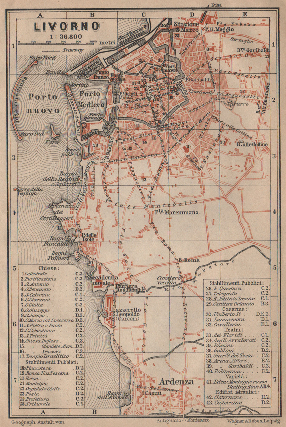 LIVORNO antique town city plan piano urbanistico. Italy mappa 1903 old