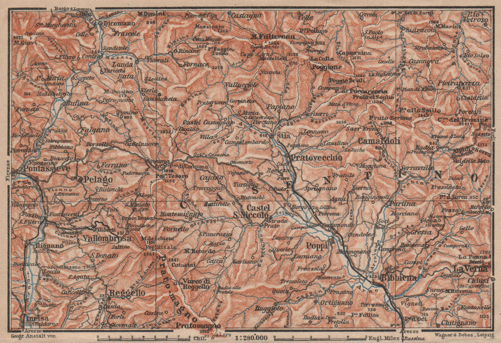VALLOMBROSA & CAMALDOLI environs. Reggello Casentino. Topo-map. Italy 1903